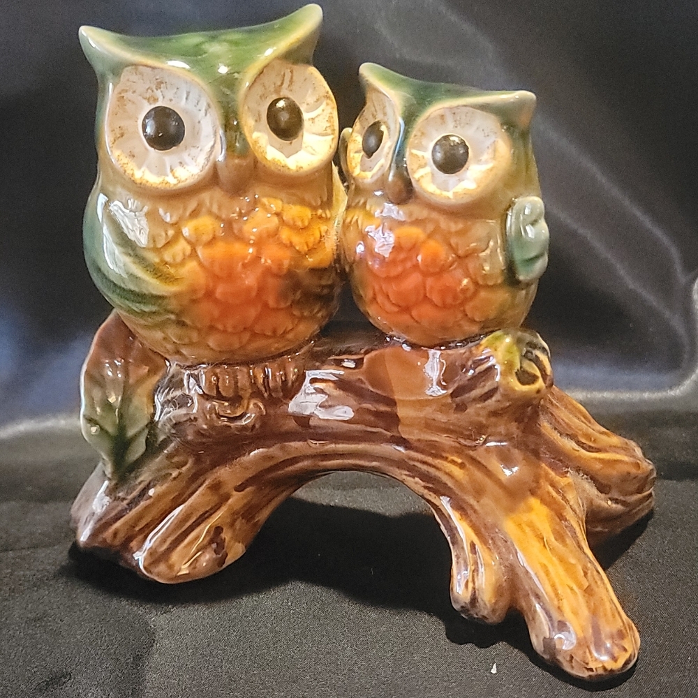Vintage 70s art deco glazed retro owl and owlet